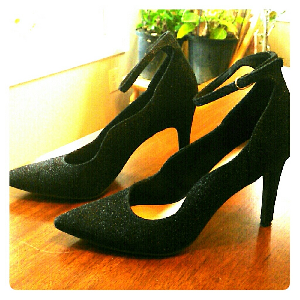 Christian Siriano Black Sparkly Heels, Ankle Strap